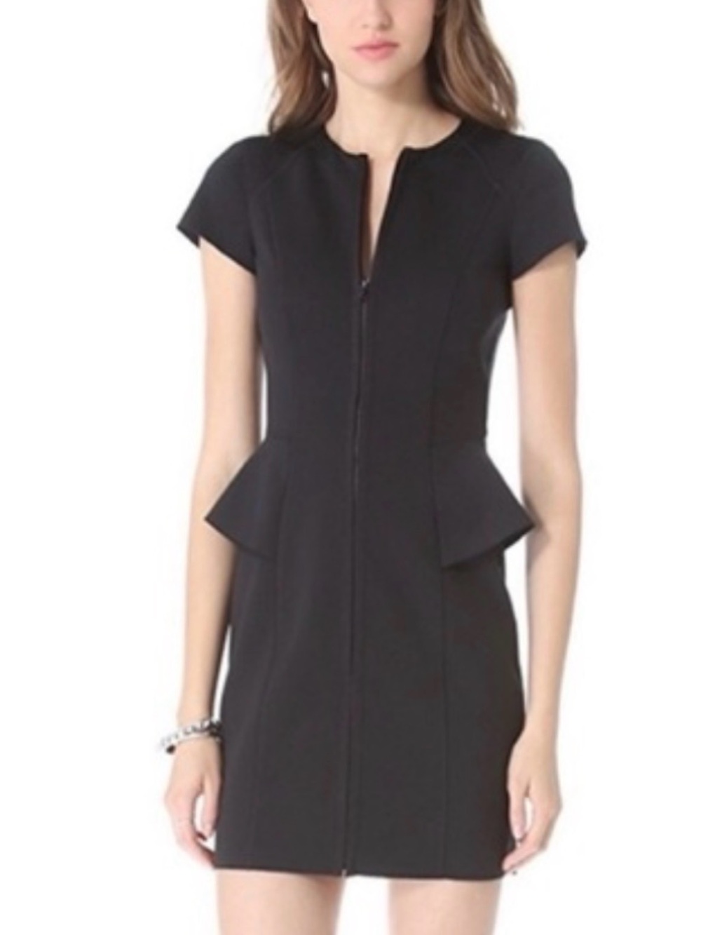 Theory Black Structured Zip Front Peplum Dress Mesh Detail Size 4